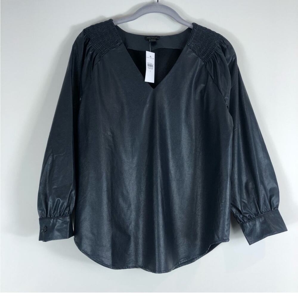 NWT Ann Taylor black faux leather smocked shoulder top